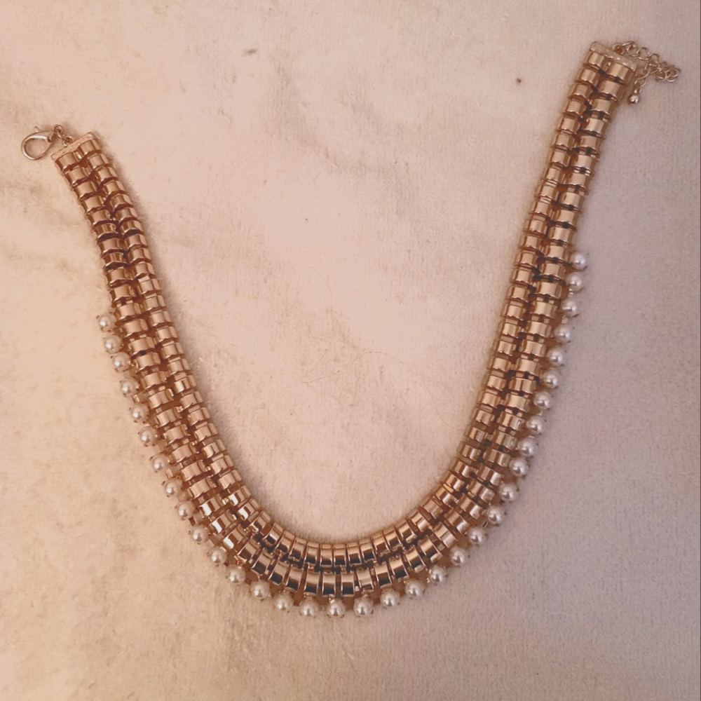 Gold Pearl-Trim Statement Necklace